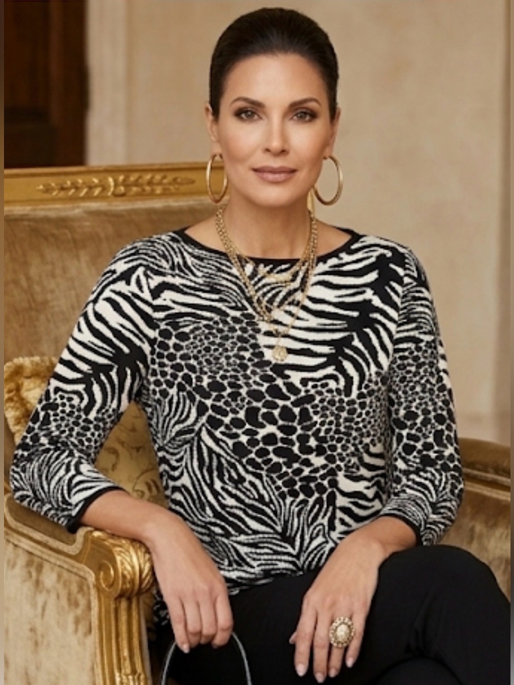 Colette Mordo Sadimara Luxury Silk Blend Mixed Media Animal Print Boatneck Top L